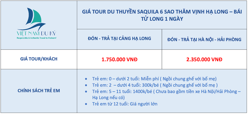 Giá tour du thuyền Saquila Yatch vịnh Hạ Long 1 ngày