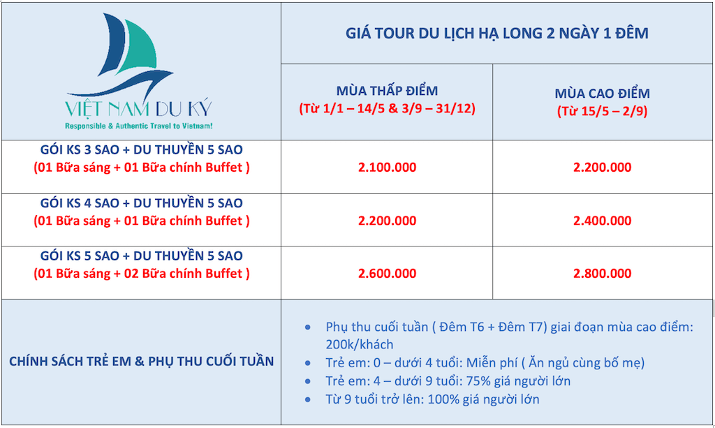 Giá tour Hạ Long 2 ngày 1 đêm